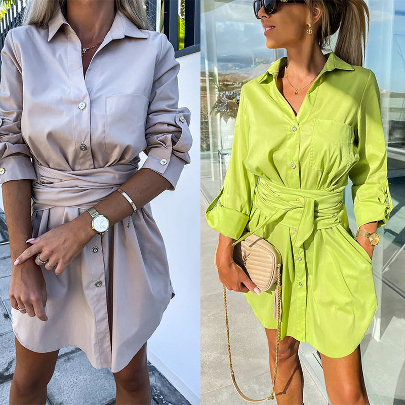 Women's Trendy Solid Color Tie Waist Shirt Dress