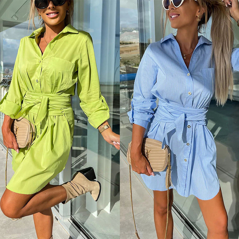 Women's Trendy Solid Color Tie Waist Shirt Dress