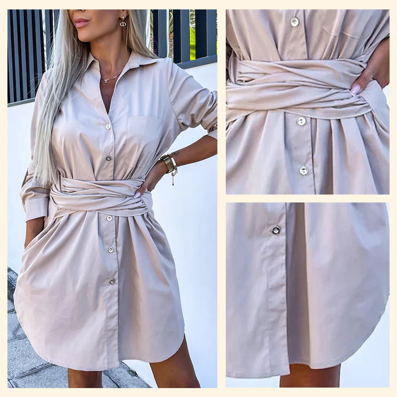 Women's Trendy Solid Color Tie Waist Shirt Dress