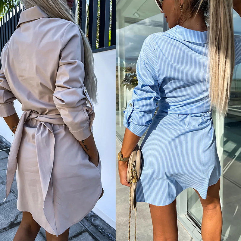 Women's Trendy Solid Color Tie Waist Shirt Dress