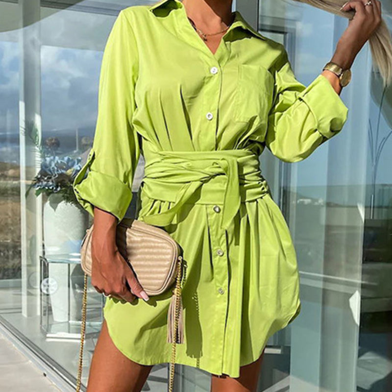 Women's Trendy Solid Color Tie Waist Shirt Dress