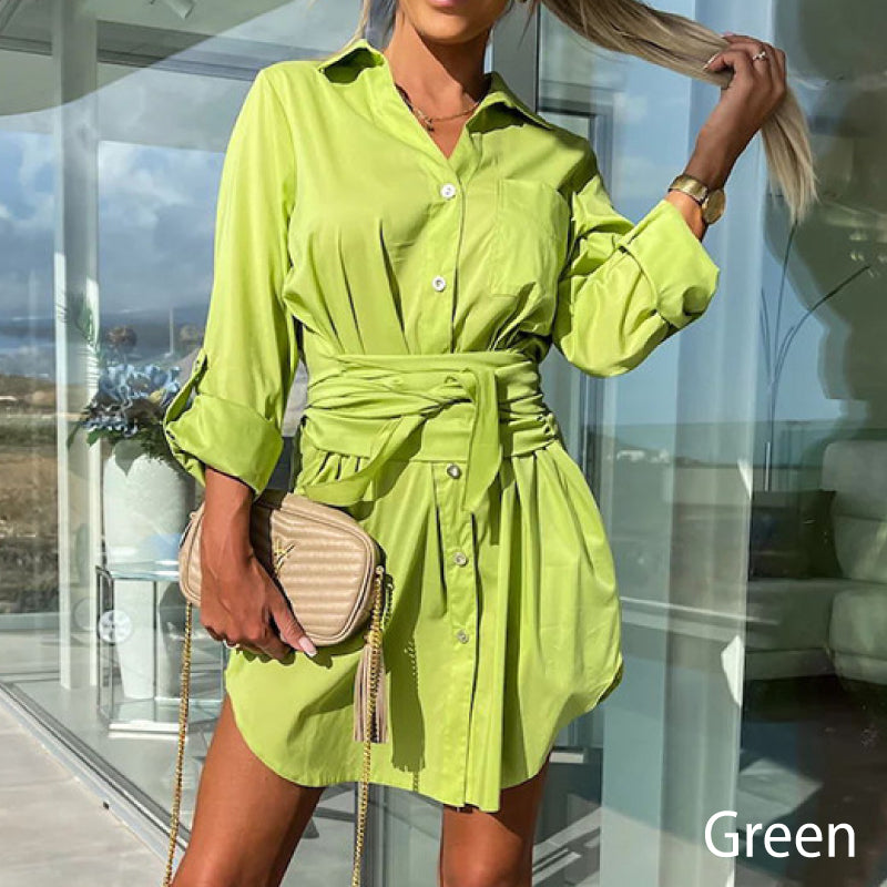 Women's Trendy Solid Color Tie Waist Shirt Dress