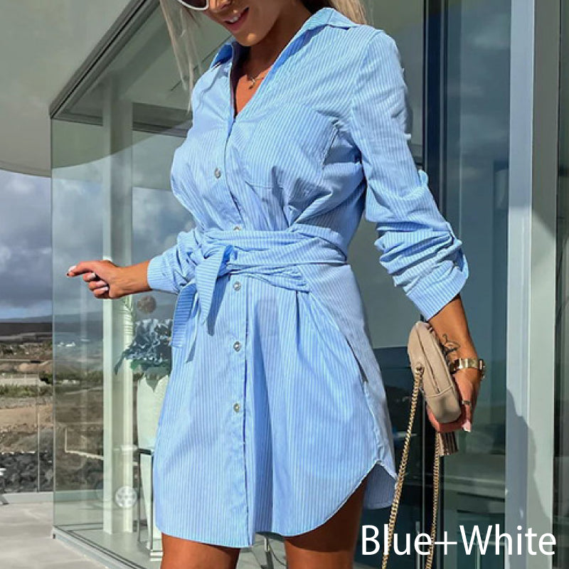 Women's Trendy Solid Color Tie Waist Shirt Dress