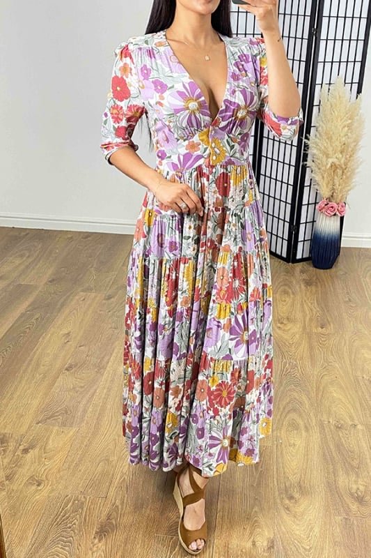 🔥Hot Sale💃Floral Print Tiered Hem Maxi Dress