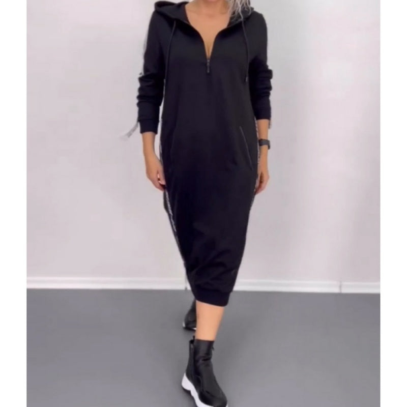 Hooded Dress with Side Slit and Zipper Collar