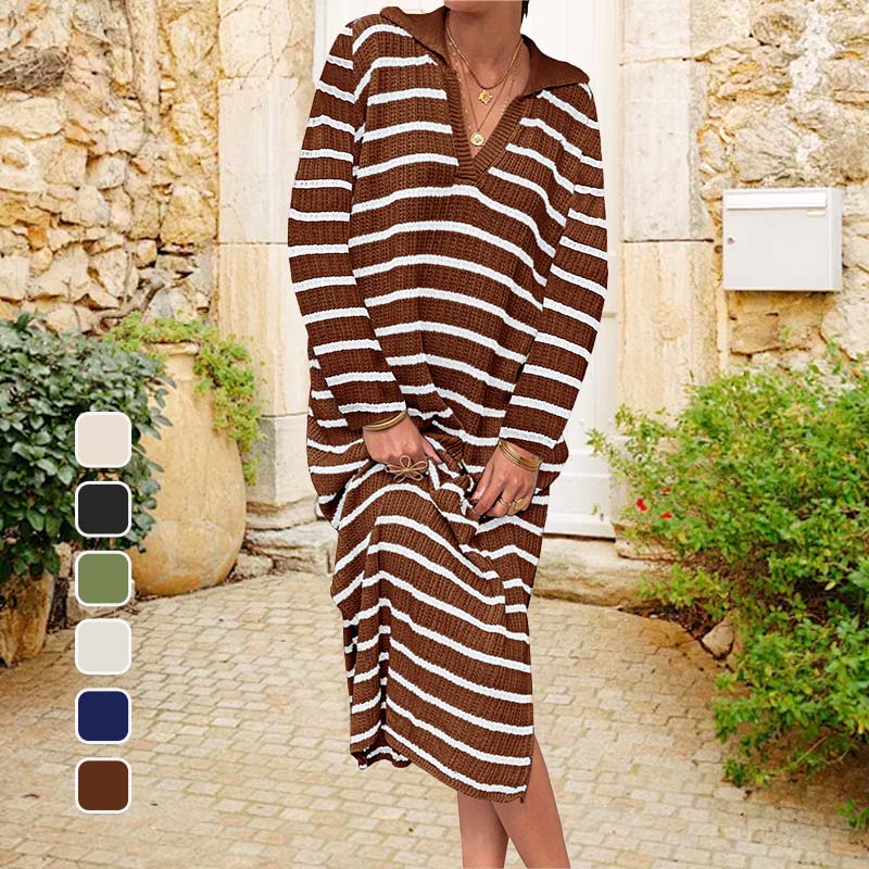 💕New super long skirt with inner layer -50% off💕Elegant V-Neck Striped Split Hem Dress