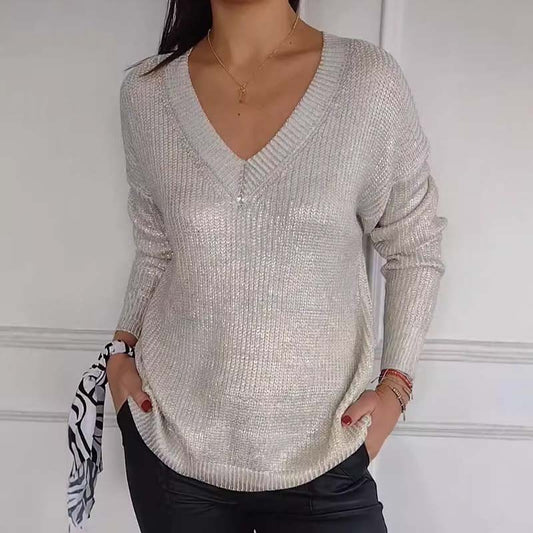 ✨Hot Sale 49% OFF✨Women's Casual V-Neck Metallic Sheen Knit Sweater