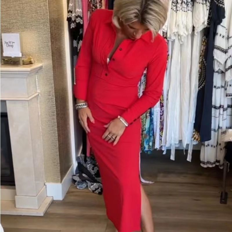 ✨New Arrival✨Women's Sexy Red Long Sleeve Lapel Dress