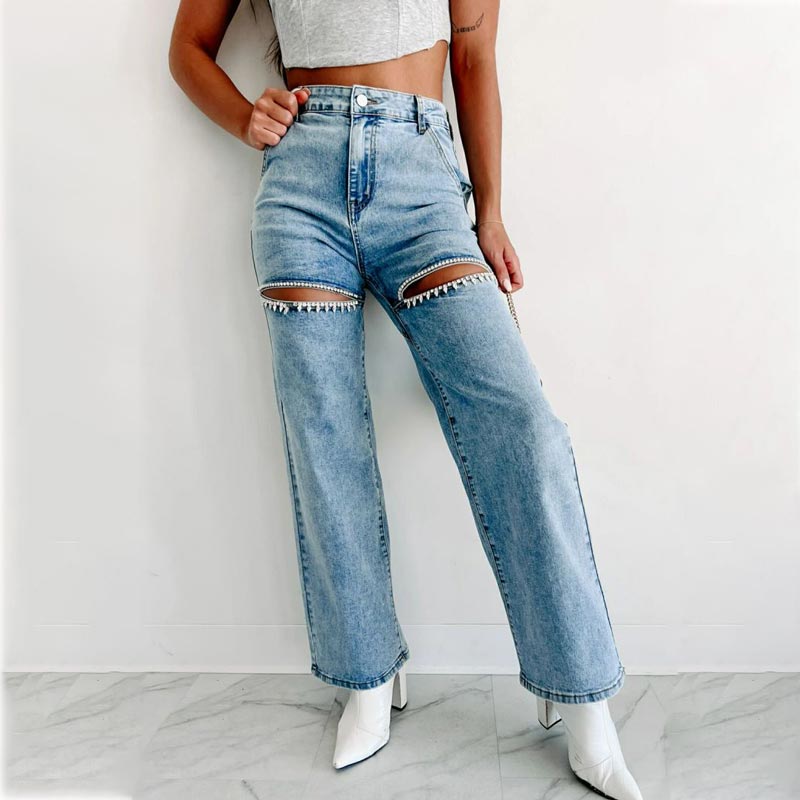 Women’s Rhinestone Ripped Straight-leg Jeans