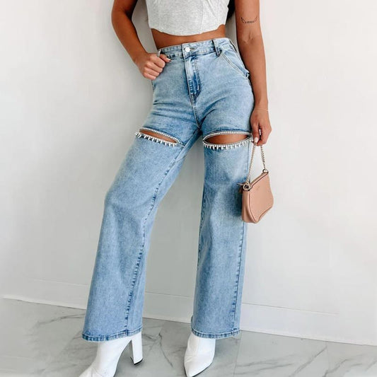 Women’s Rhinestone Ripped Straight-leg Jeans