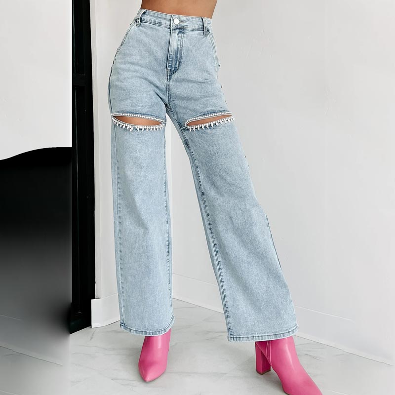 Women’s Rhinestone Ripped Straight-leg Jeans