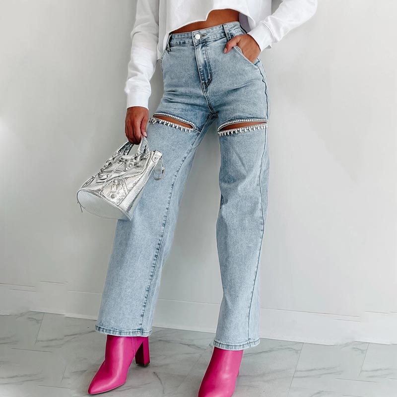 Women’s Rhinestone Ripped Straight-leg Jeans