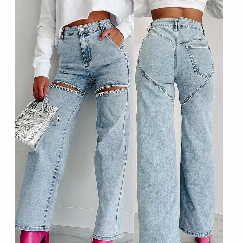 Women’s Rhinestone Ripped Straight-leg Jeans