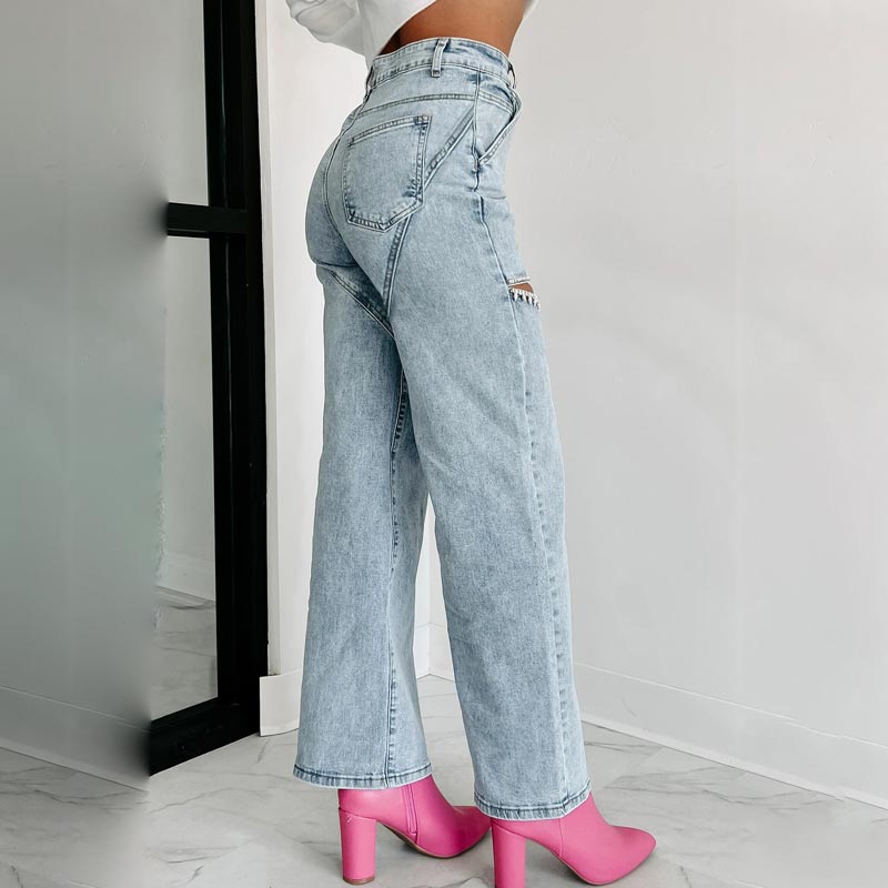 Women’s Rhinestone Ripped Straight-leg Jeans