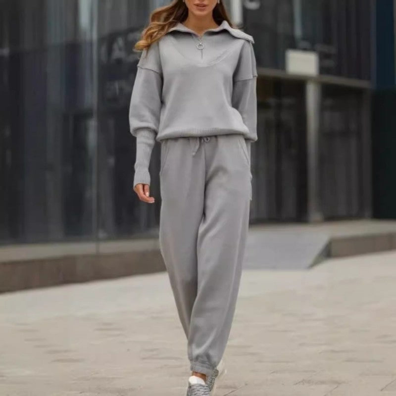 Women's Casual Sporty 2-Piece Set - Half-Zipper Lapel Top & Matching Jogger