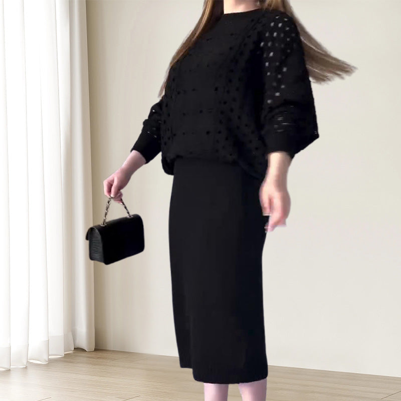 Knit Openwork Long Sleeve Top & Sleeveless Dress Set