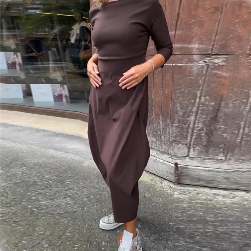 Women's Simple Elegant Long-Sleeved Dress With Pocket