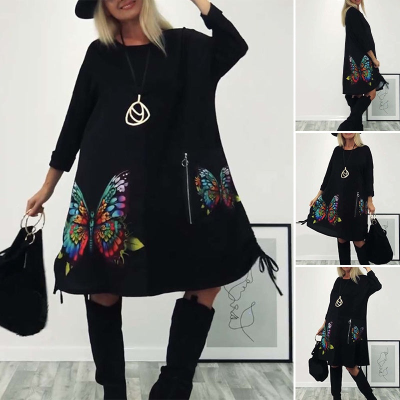 Women's Loose Butterfly Print Round Neck Dress