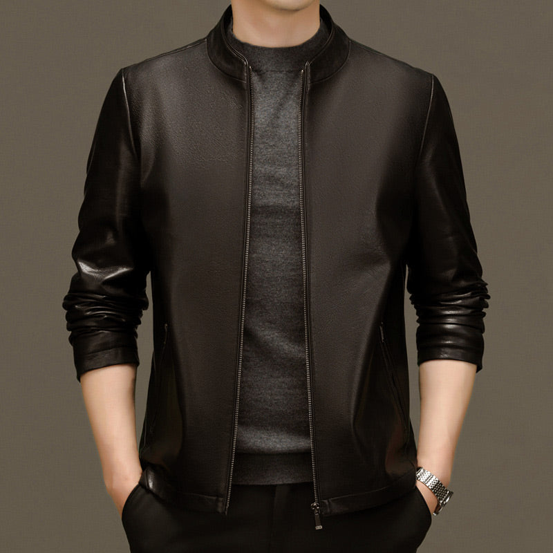 Men's Classic PU Leather Jacket with Zipper Front