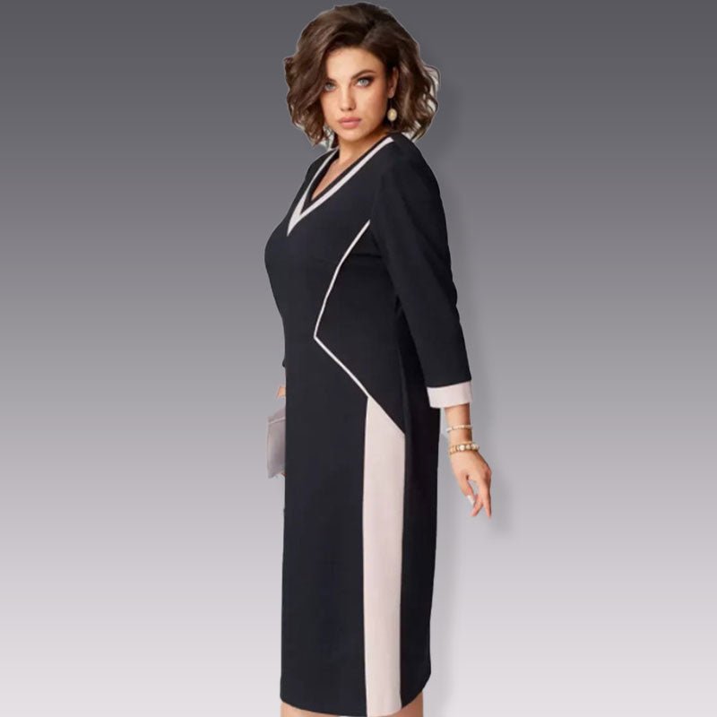 3/4 Sleeve V-Neck Color Block Dress