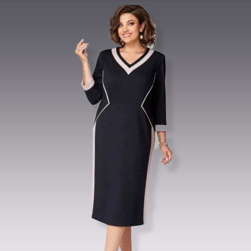 3/4 Sleeve V-Neck Color Block Dress