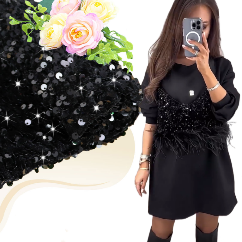 🎅Early Xmas Sales - 50% OFF🎄Women's Fashion Black Sequin Mock 2-Piece Dress