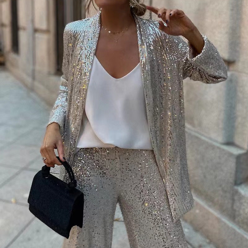 Sequin Open Front Top Wide Leg Pants Set✈️ free shipping