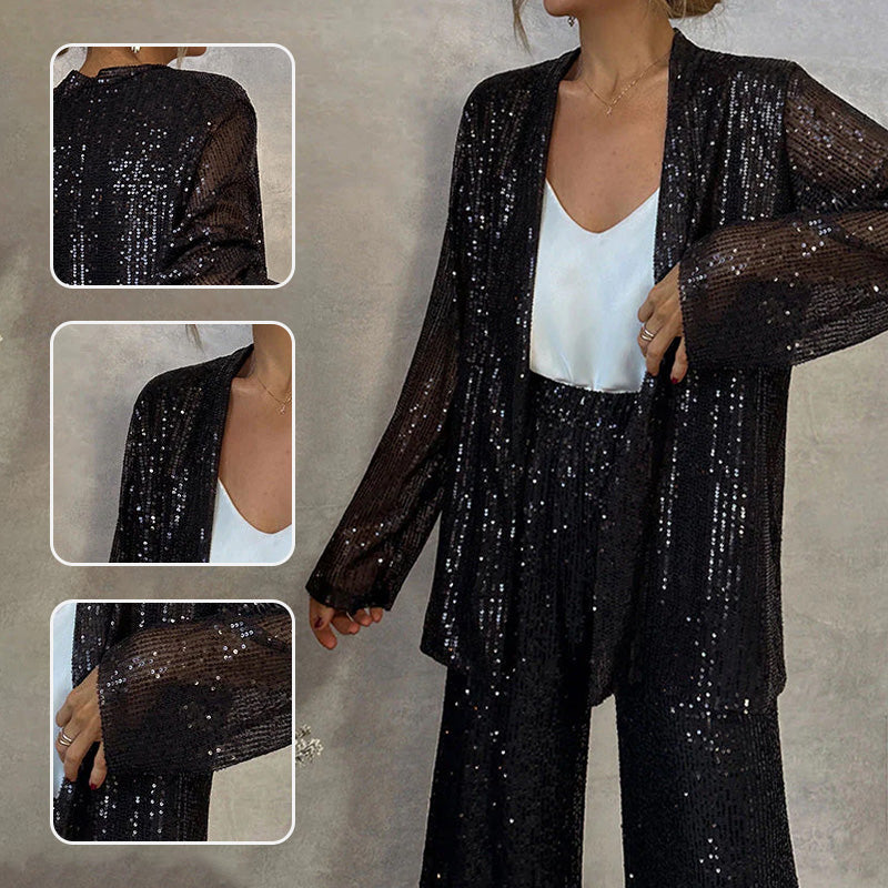 Sequin Open Front Top Wide Leg Pants Set✈️ free shipping