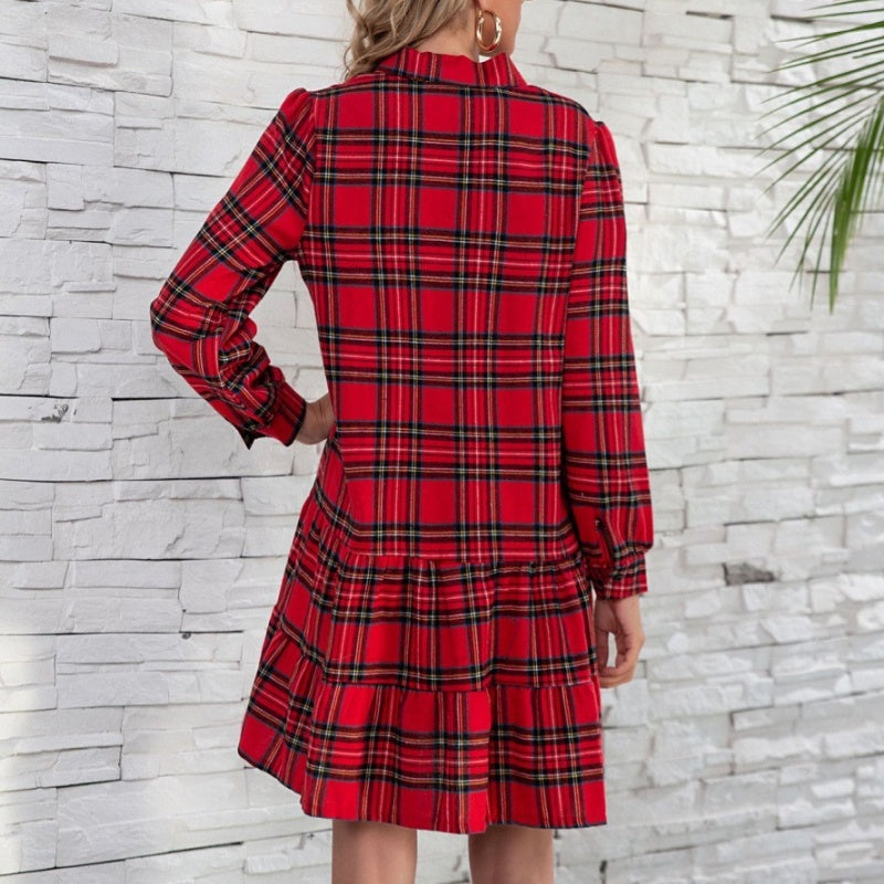 Women's Christmas Plaid Lapel Short Dresses