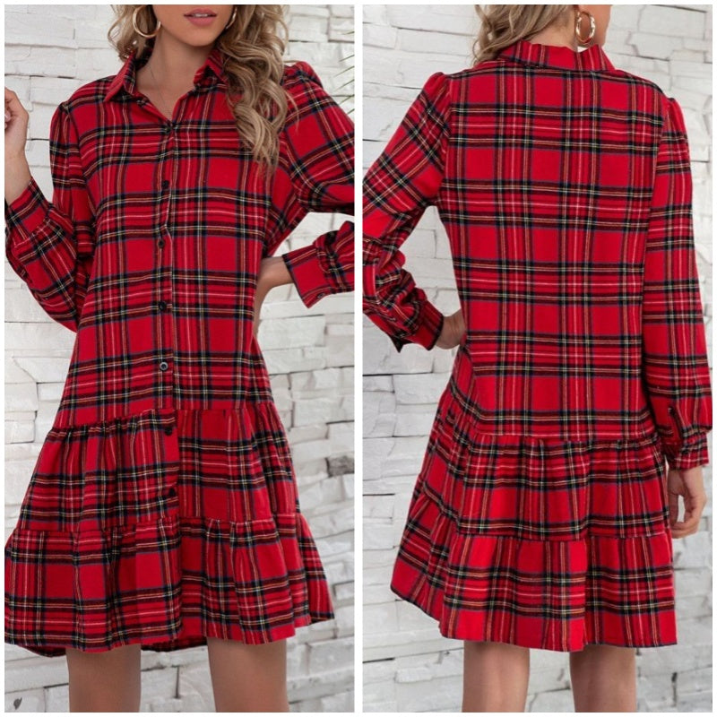 Women's Christmas Plaid Lapel Short Dresses