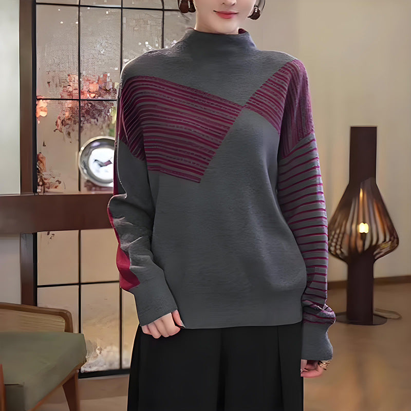 Women's Half High Neck Loose Striped Knit Sweater