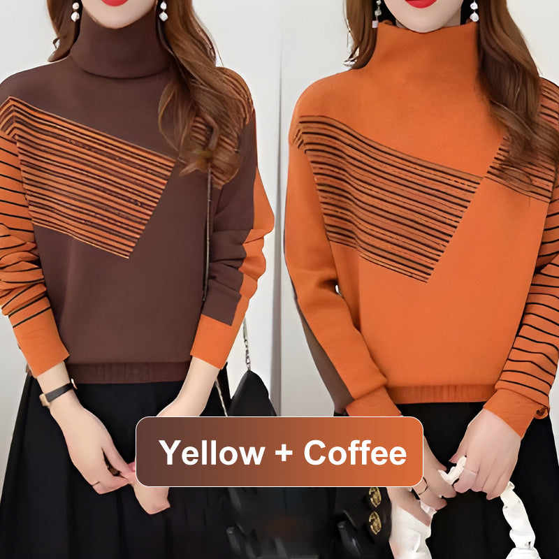 Women's Half High Neck Loose Striped Knit Sweater