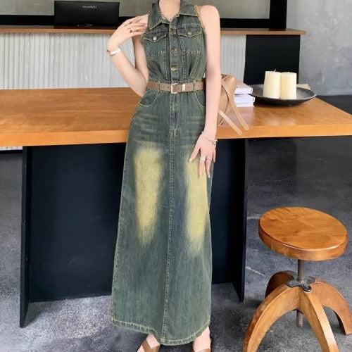 【Belt Included】Vintage Lapel Slimming Split Denim Dress