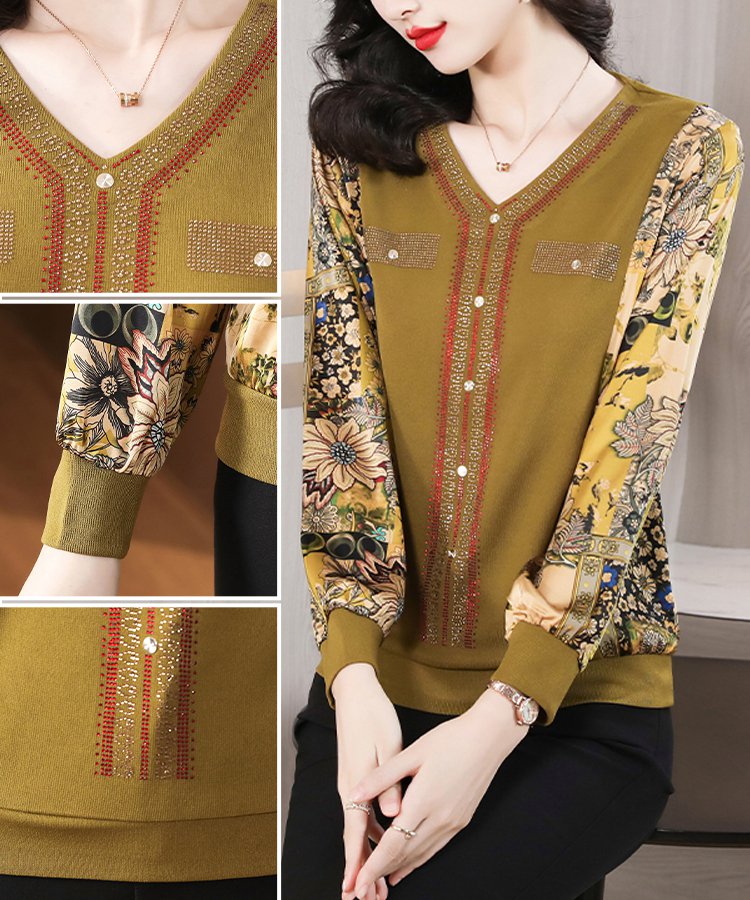 Stylish V-neck Rhinestone-embellished Top For Autumn