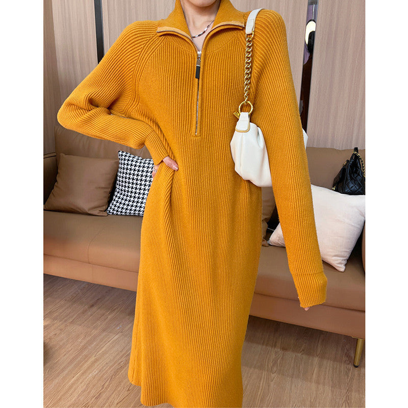 [Women’s Gift] Women Casual Half Zip Long Sleeve Knit Sweater Dress