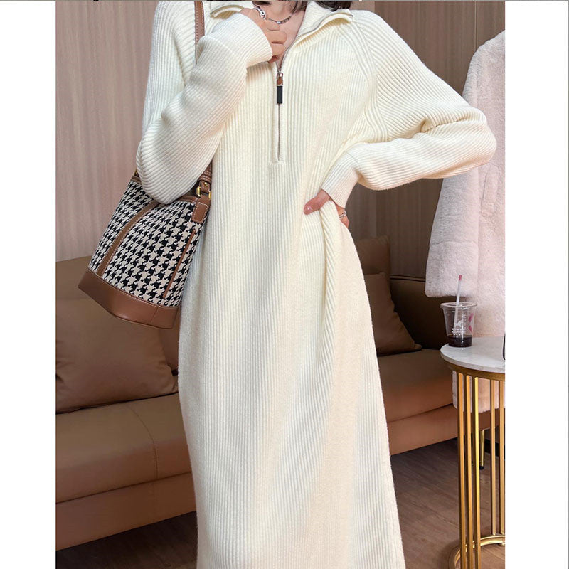 [Women’s Gift] Women Casual Half Zip Long Sleeve Knit Sweater Dress