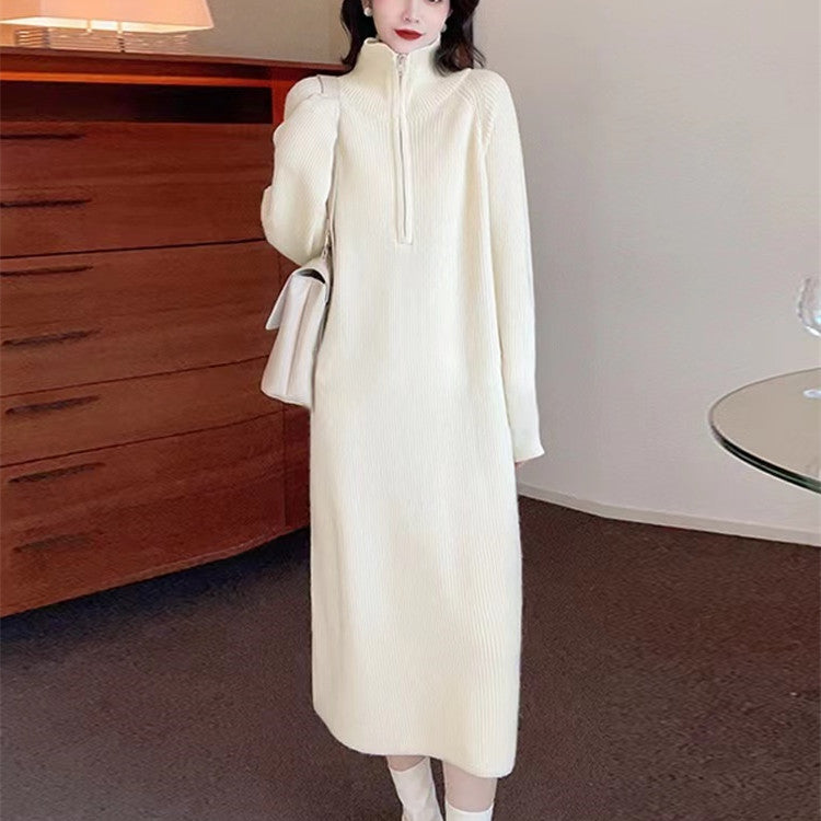 [Women’s Gift] Women Casual Half Zip Long Sleeve Knit Sweater Dress