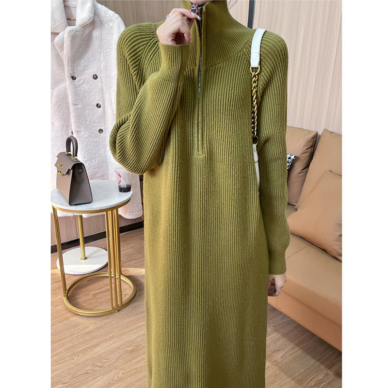 [Women’s Gift] Women Casual Half Zip Long Sleeve Knit Sweater Dress