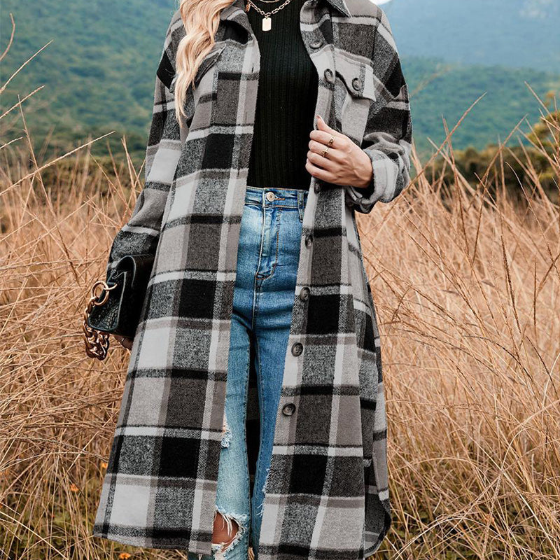 🔥HOT SALE🔥🎁[Best Gift For Her] Women's Plaid Print Long Sleeve Warm Tweed Coat