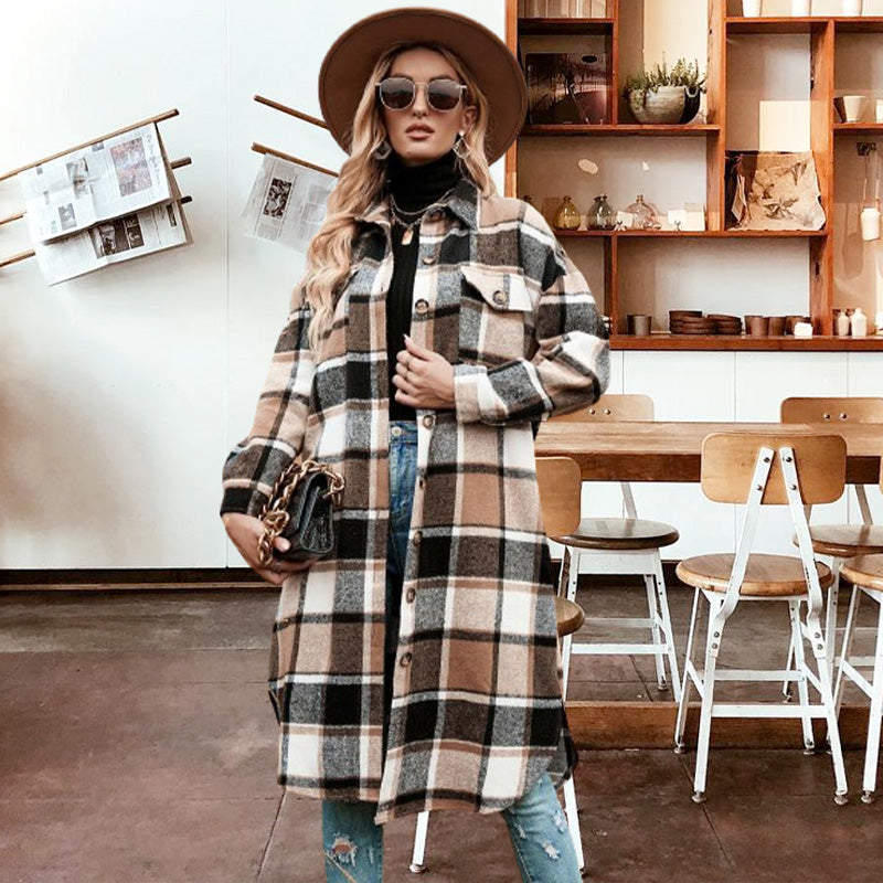 🔥HOT SALE🔥🎁[Best Gift For Her] Women's Plaid Print Long Sleeve Warm Tweed Coat