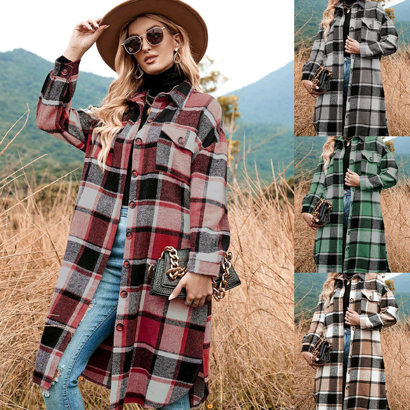 🔥HOT SALE🔥🎁[Best Gift For Her] Women's Plaid Print Long Sleeve Warm Tweed Coat