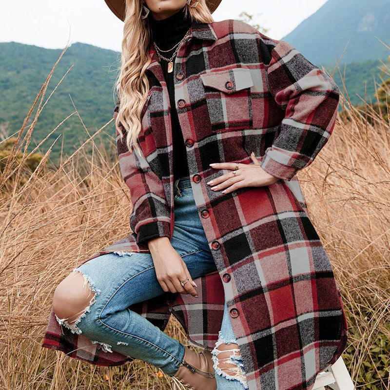 🔥HOT SALE🔥🎁[Best Gift For Her] Women's Plaid Print Long Sleeve Warm Tweed Coat