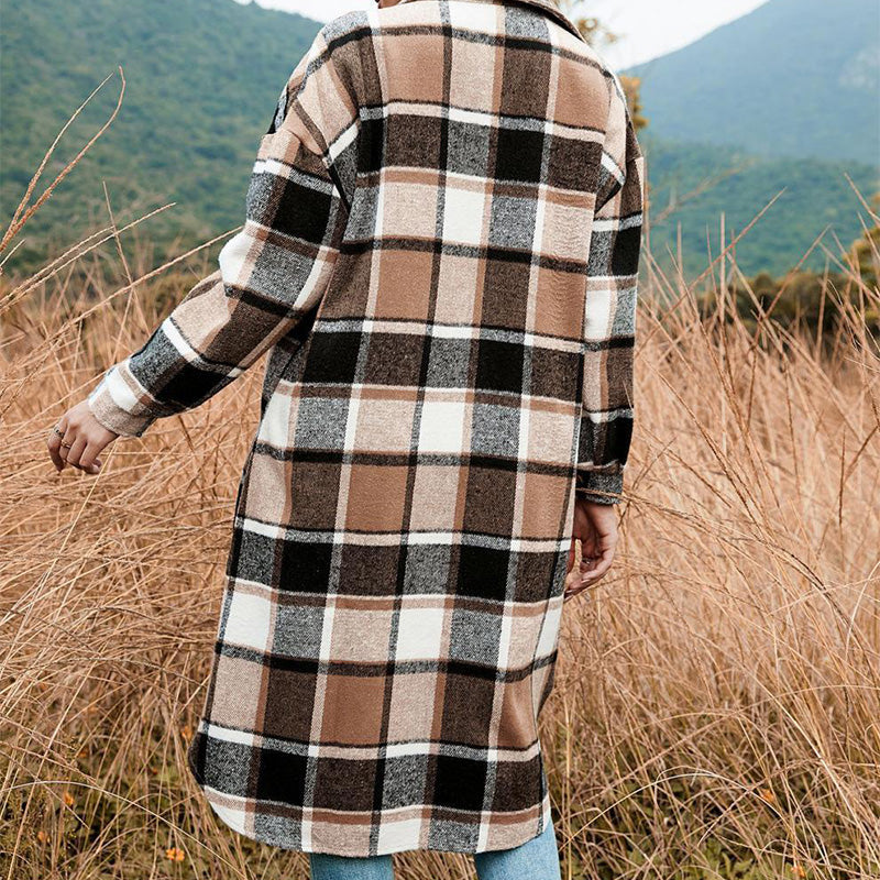 🔥HOT SALE🔥🎁[Best Gift For Her] Women's Plaid Print Long Sleeve Warm Tweed Coat