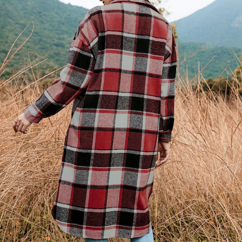 🔥HOT SALE🔥🎁[Best Gift For Her] Women's Plaid Print Long Sleeve Warm Tweed Coat