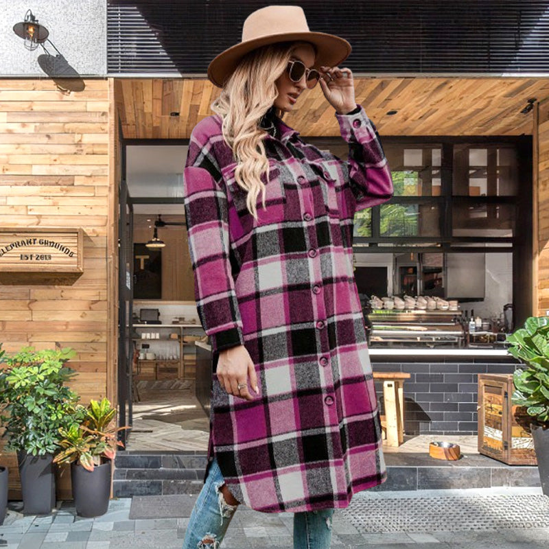 🔥HOT SALE🔥🎁[Best Gift For Her] Women's Plaid Print Long Sleeve Warm Tweed Coat