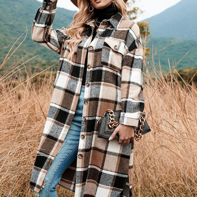 🔥HOT SALE🔥🎁[Best Gift For Her] Women's Plaid Print Long Sleeve Warm Tweed Coat