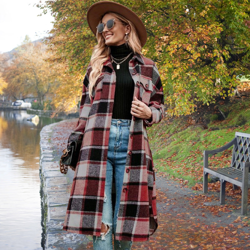 🔥HOT SALE🔥🎁[Best Gift For Her] Women's Plaid Print Long Sleeve Warm Tweed Coat