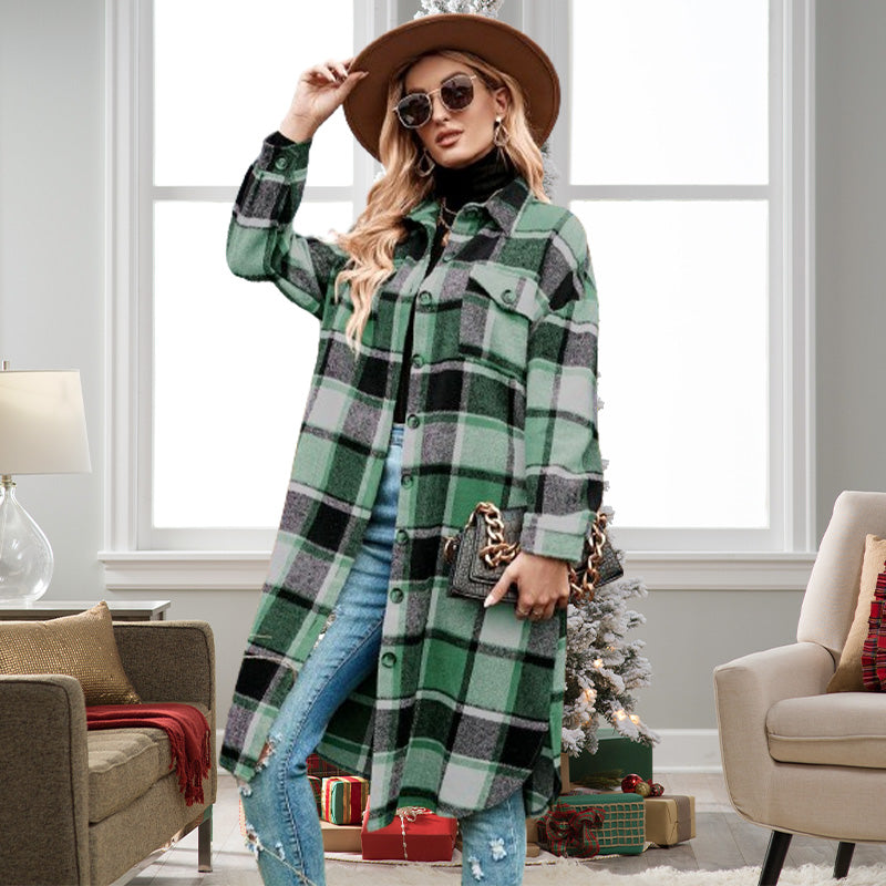 🔥HOT SALE🔥🎁[Best Gift For Her] Women's Plaid Print Long Sleeve Warm Tweed Coat