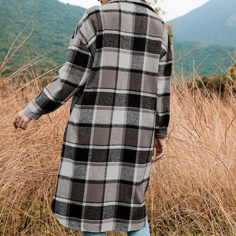 🔥HOT SALE🔥🎁[Best Gift For Her] Women's Plaid Print Long Sleeve Warm Tweed Coat