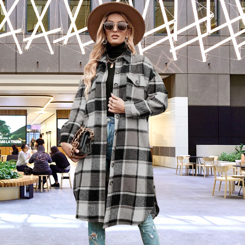 🔥HOT SALE🔥🎁[Best Gift For Her] Women's Plaid Print Long Sleeve Warm Tweed Coat